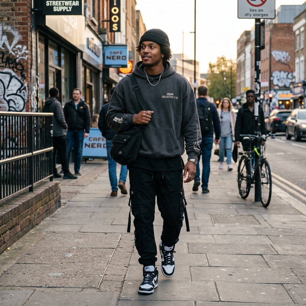 Model wearing dark graphic streetwear hoodie with cargo pants